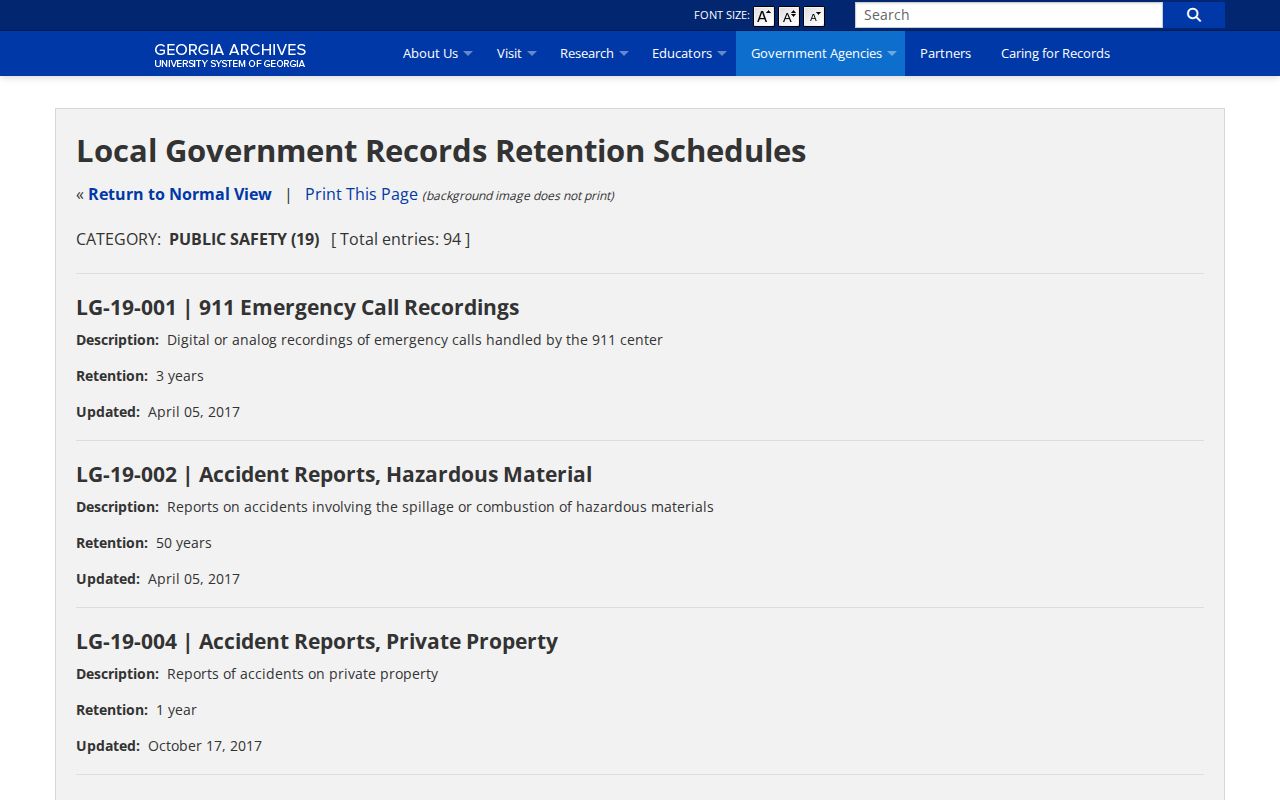 Georgia Archives retention schedule relevant to Laurens County booking records